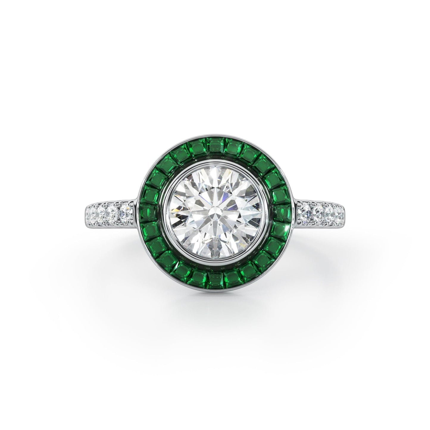Art Deco-Diamond with Emerald Halo Ring - Ksenia Mirella Jewellery