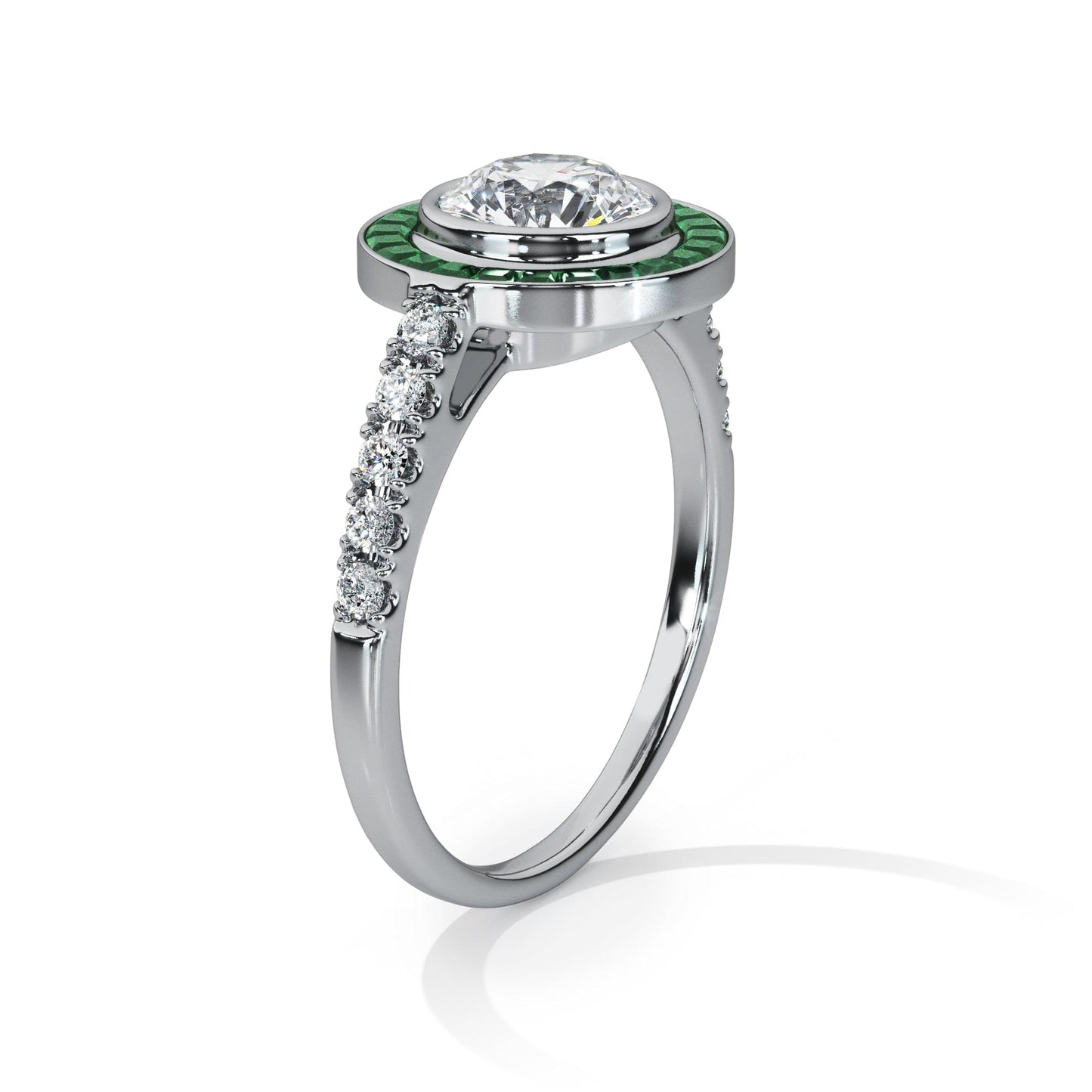 Art Deco-Diamond with Emerald Halo Ring - Ksenia Mirella Jewellery