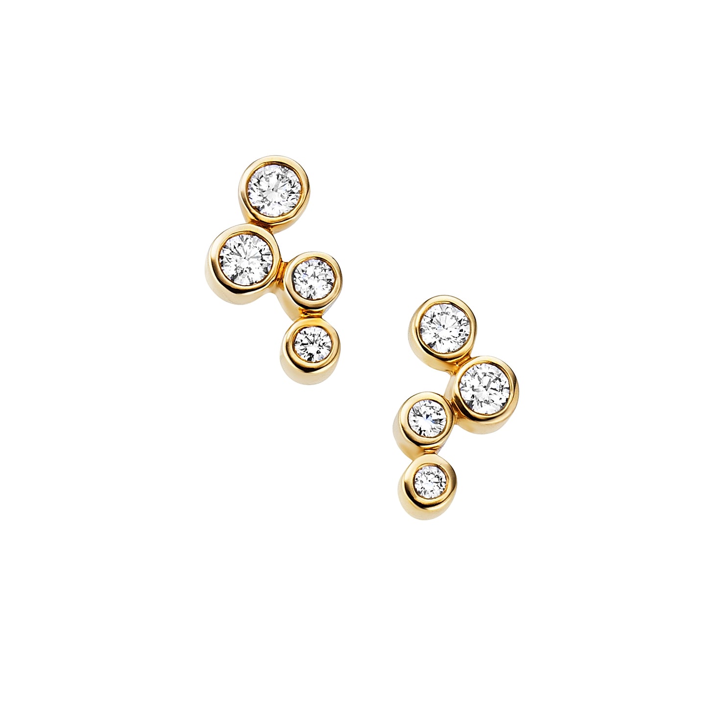 Gold earrings with clear gemstones on a white background