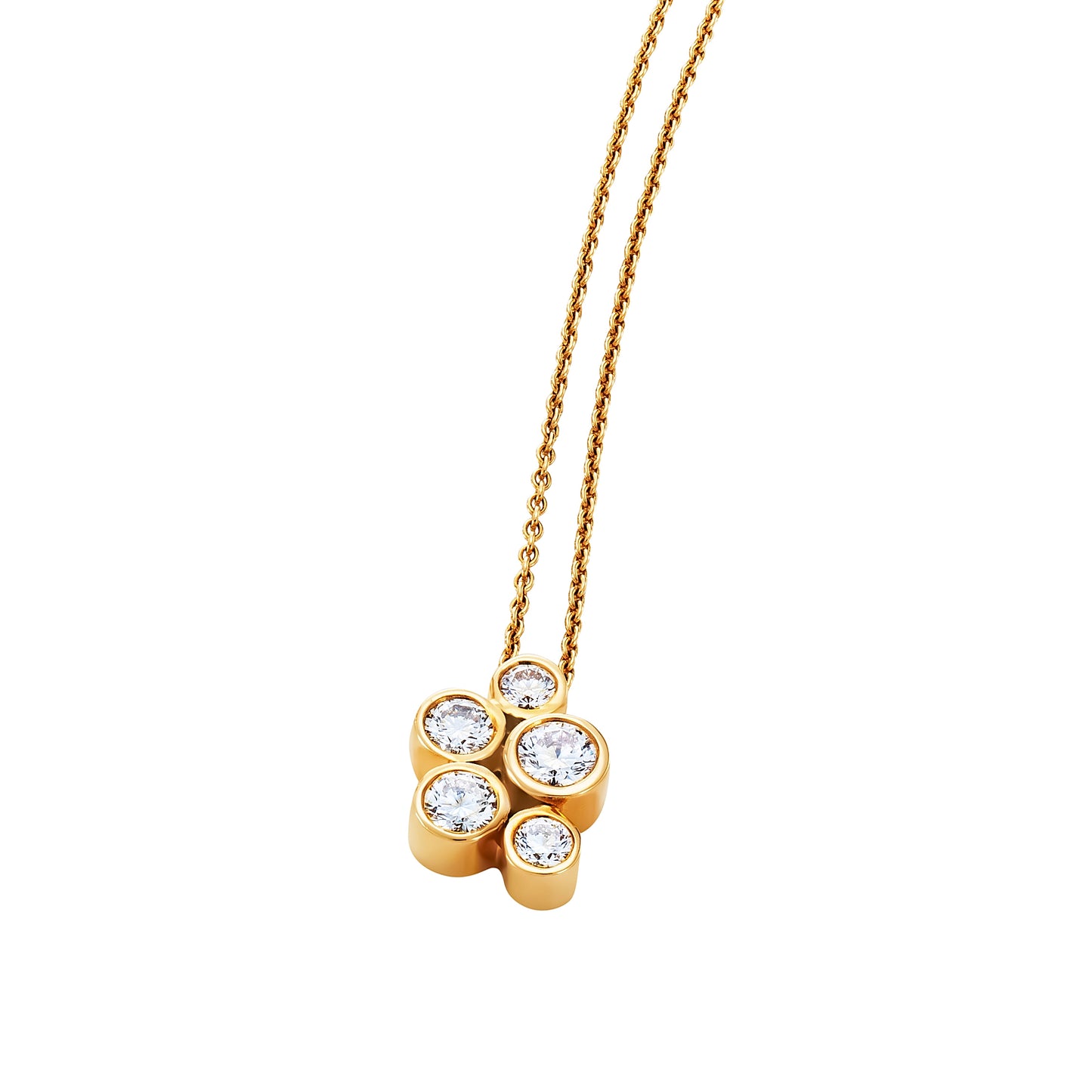 Gold necklace with a four-stone pendant on a white background