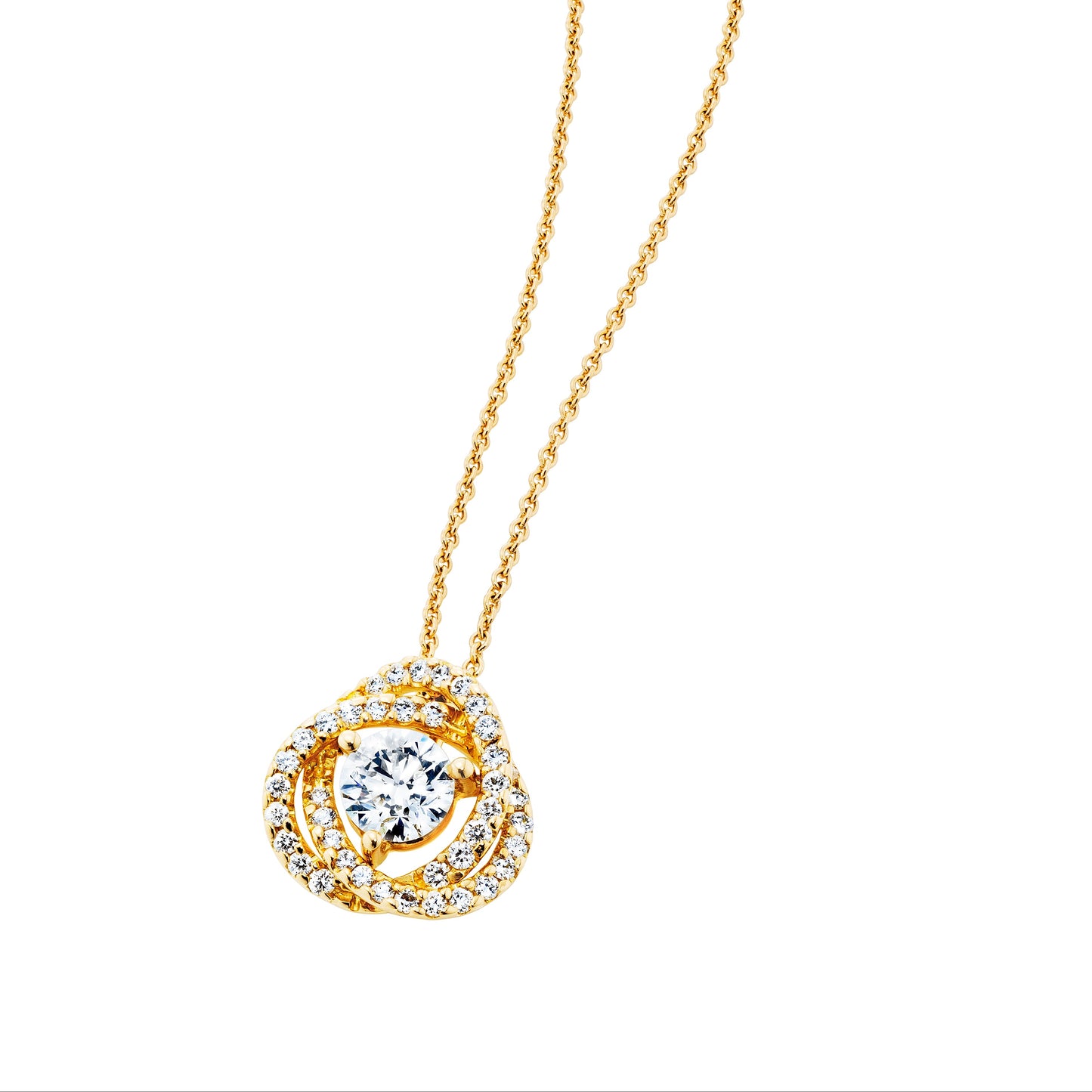 Gold necklace with a diamond pendant on a white background