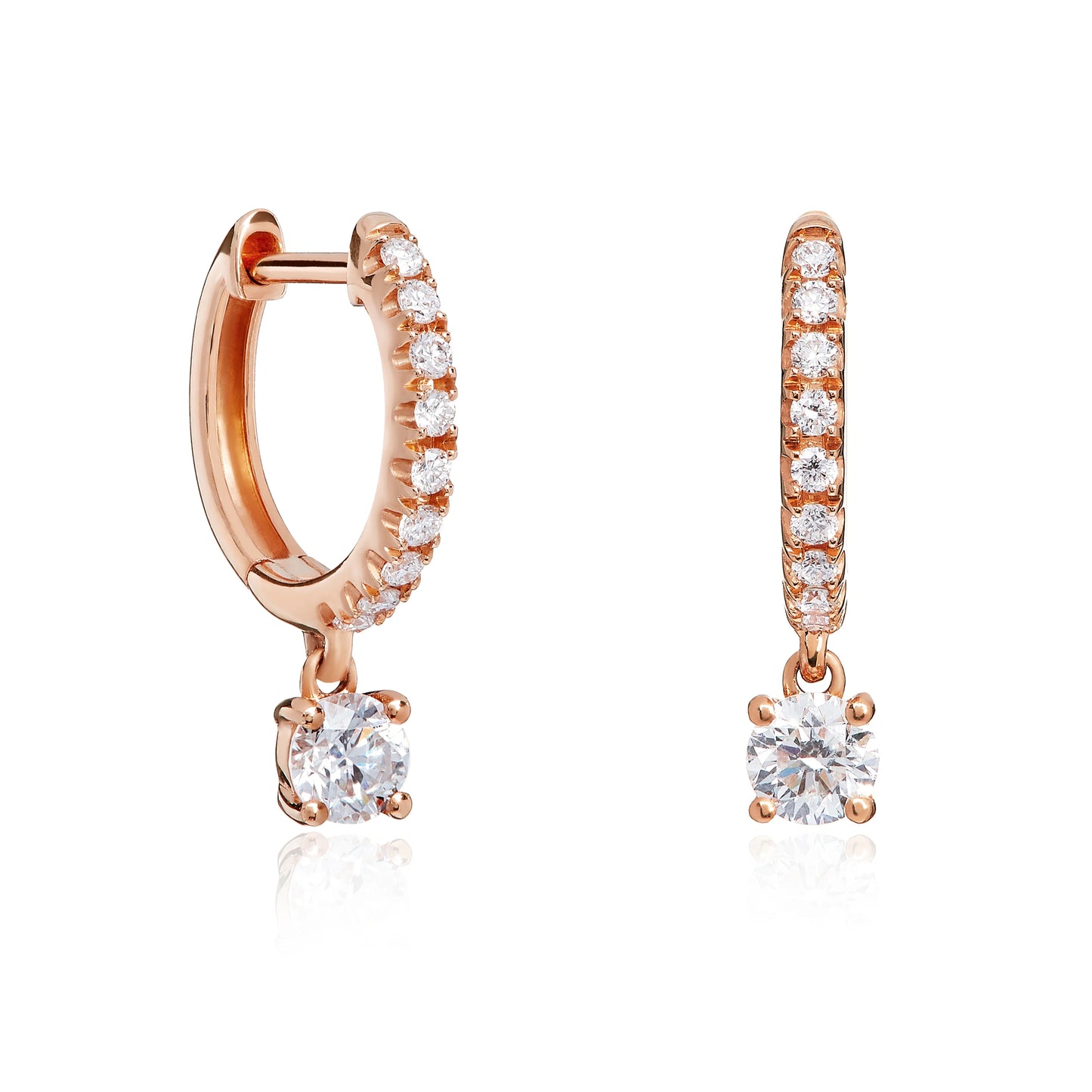 Rose gold hoop earrings with small round diamonds on a white background