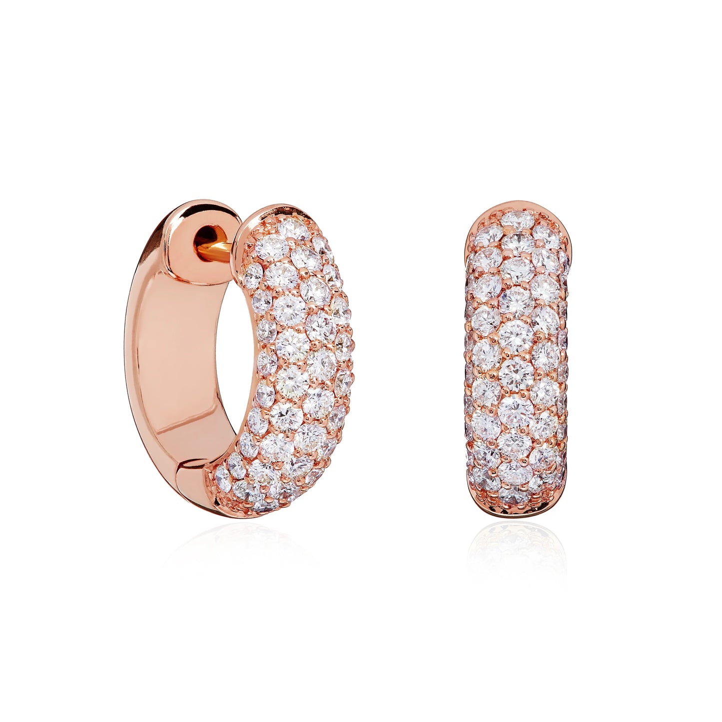 Rose gold hoop earrings with diamond accents on a white background