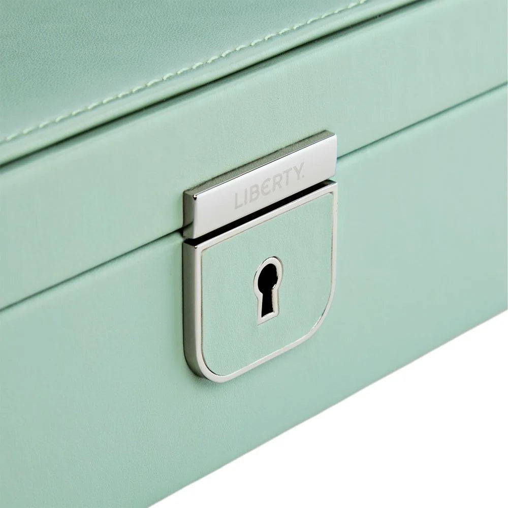 Mint green box with a silver lock detail on a white background