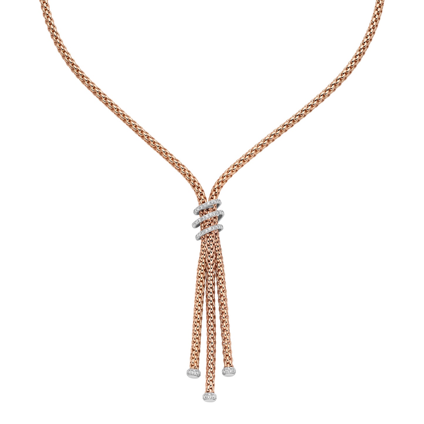 Fope Prima Rose gold necklace with dangling elements on a white background
