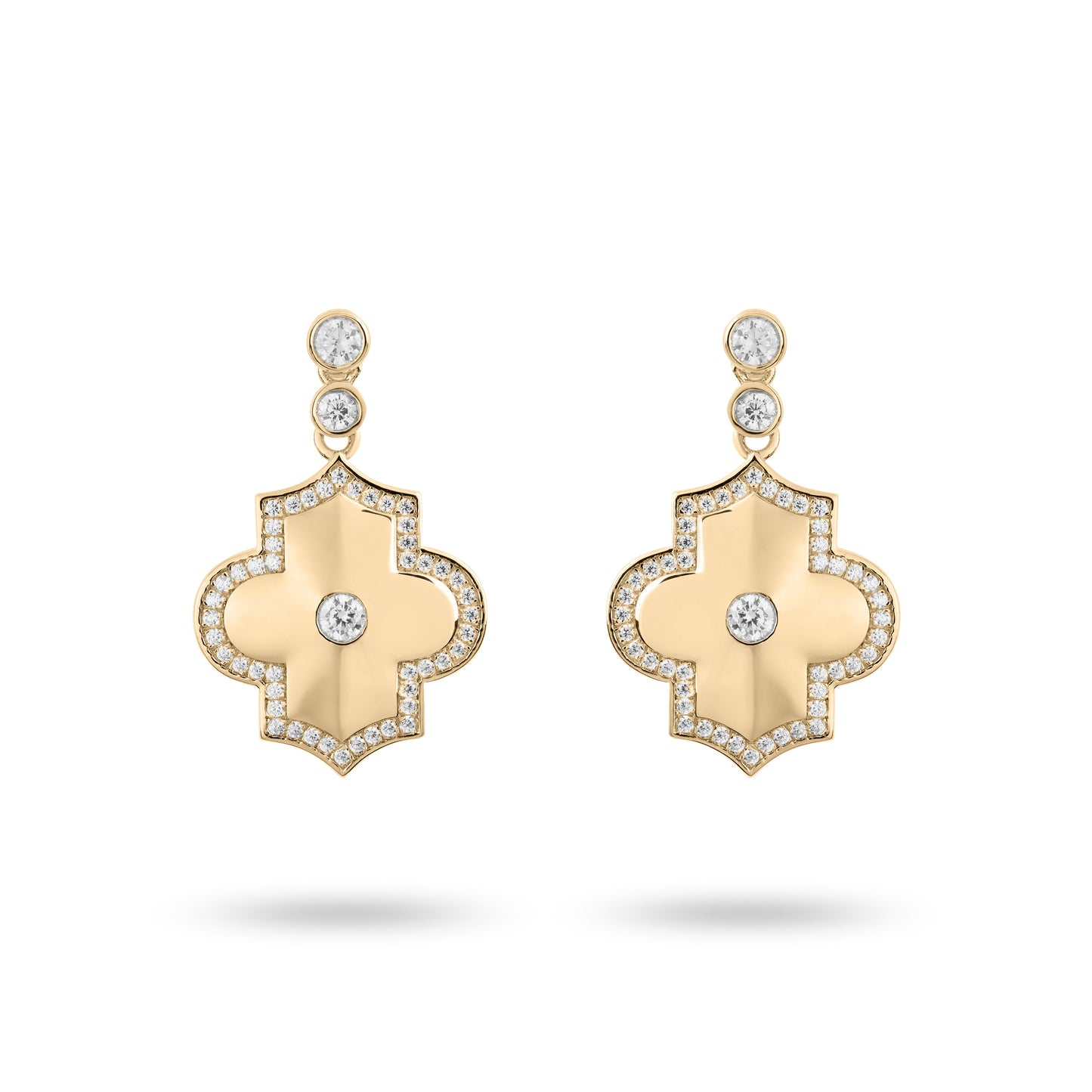 A pair of yellow gold diamond earrings with a geometric design, featuring a central diamond surrounded by smaller ones, set in a pattern.