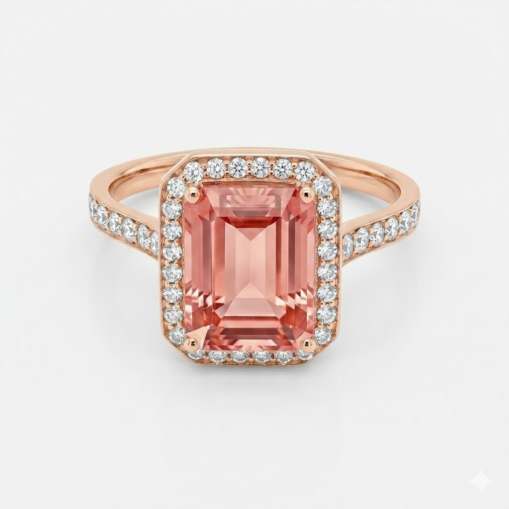 Pink tourmaline gemstone ring with rose gold band and diamond accents on a light gray background