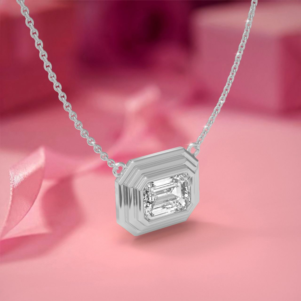 White gold white diamond emerald cut necklace