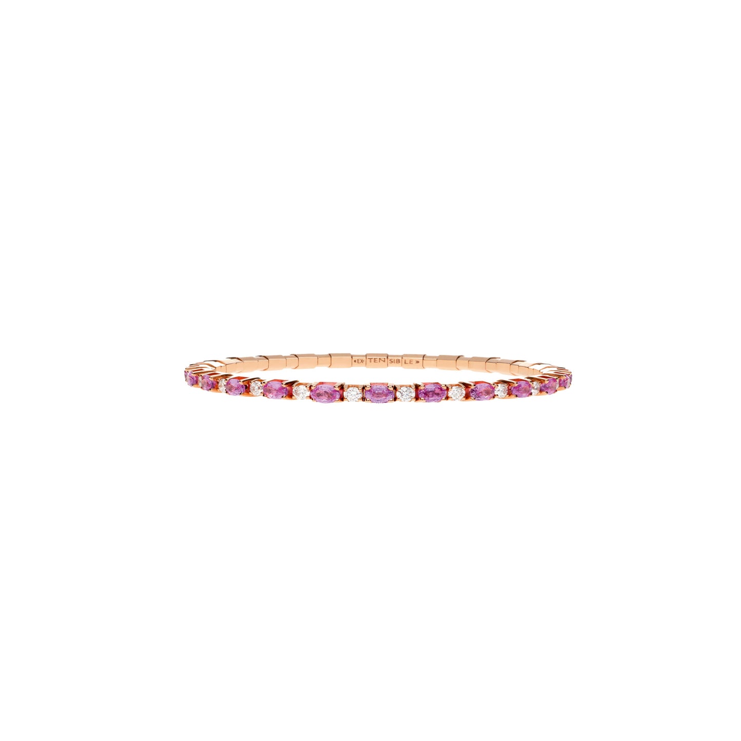 Gold bracelet with pink gemstones on a white background
