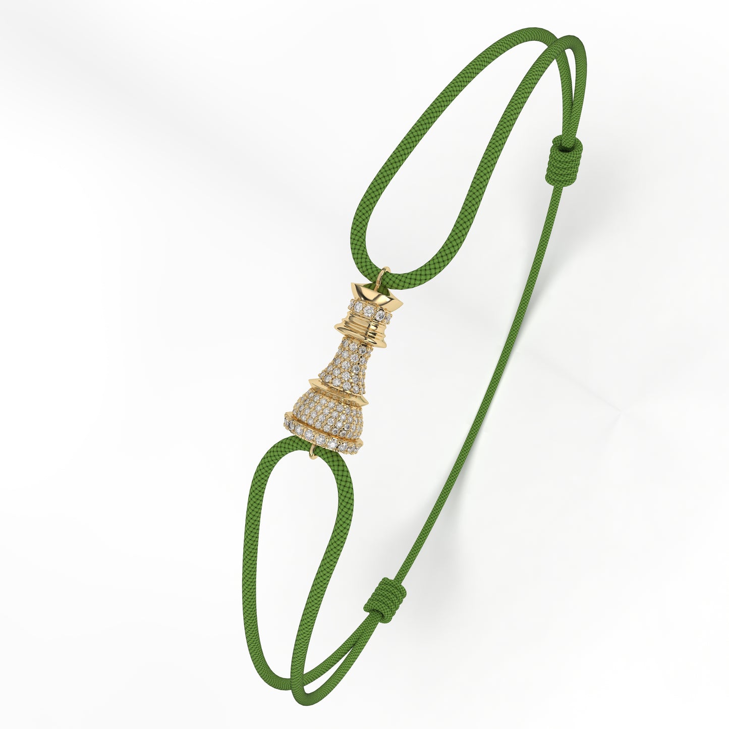 A red cord bracelet with a yellow gold chess piece adorned with white diamonds.