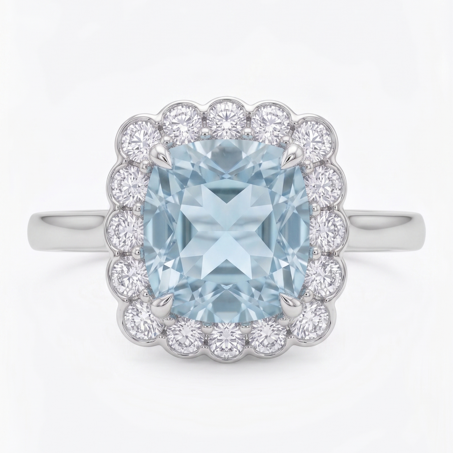 Ring with a blue gemstone and diamond halo on a white background