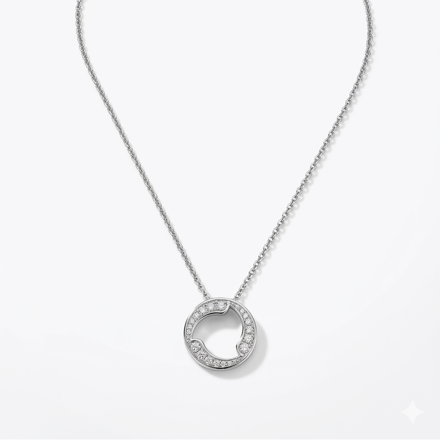 White Gold necklace with a circular pendant on a white background