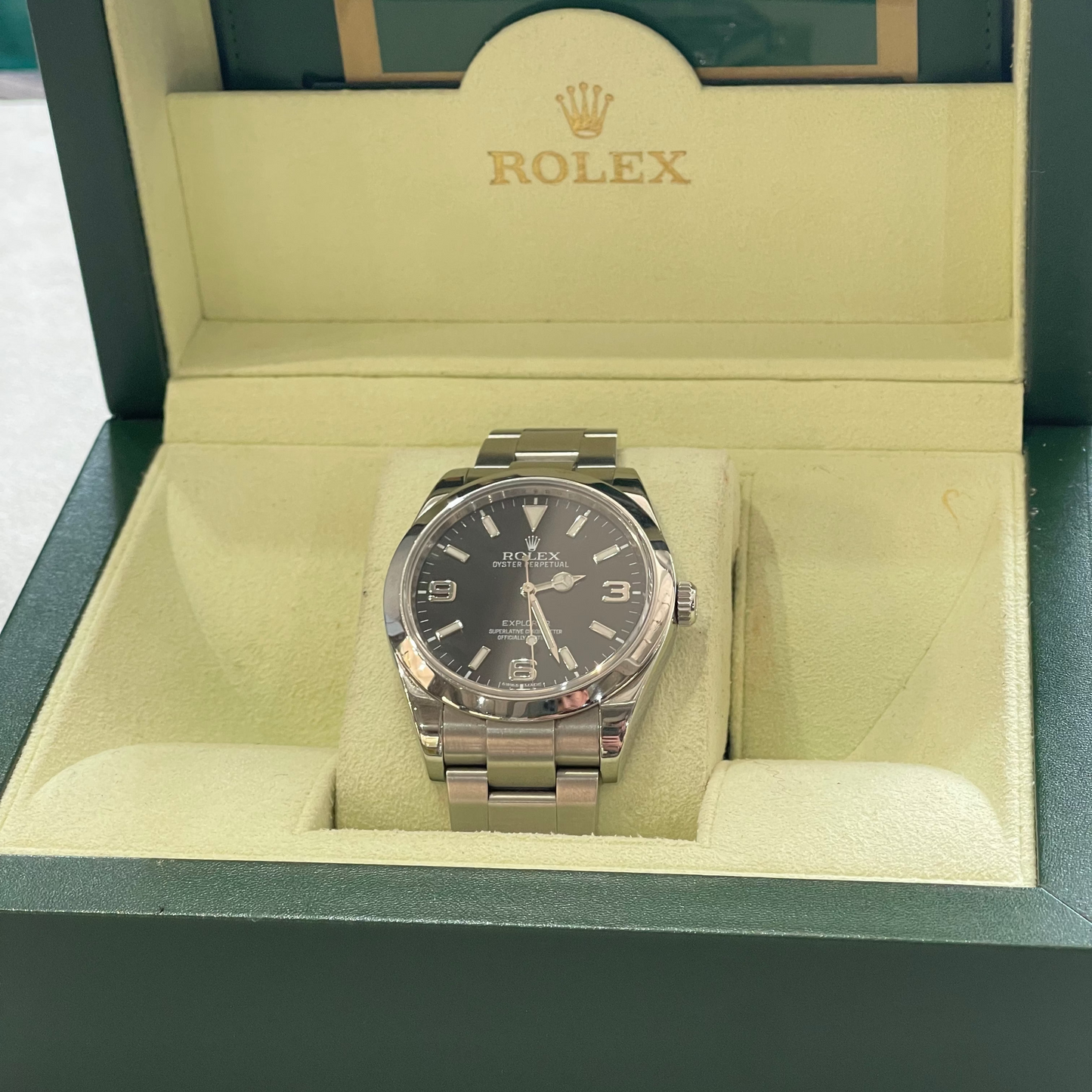 rolex steel explorer in a rolex green box