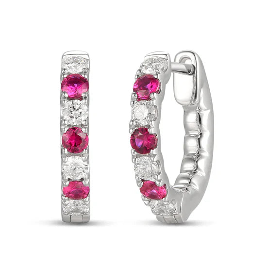 18ct White or Yellow Gold Medium Hoop Earrings with Rubies & Diamonds