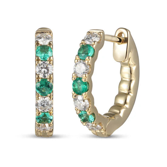 18ct Yellow Gold Medium Hoop Earrings with Emeralds & Diamonds