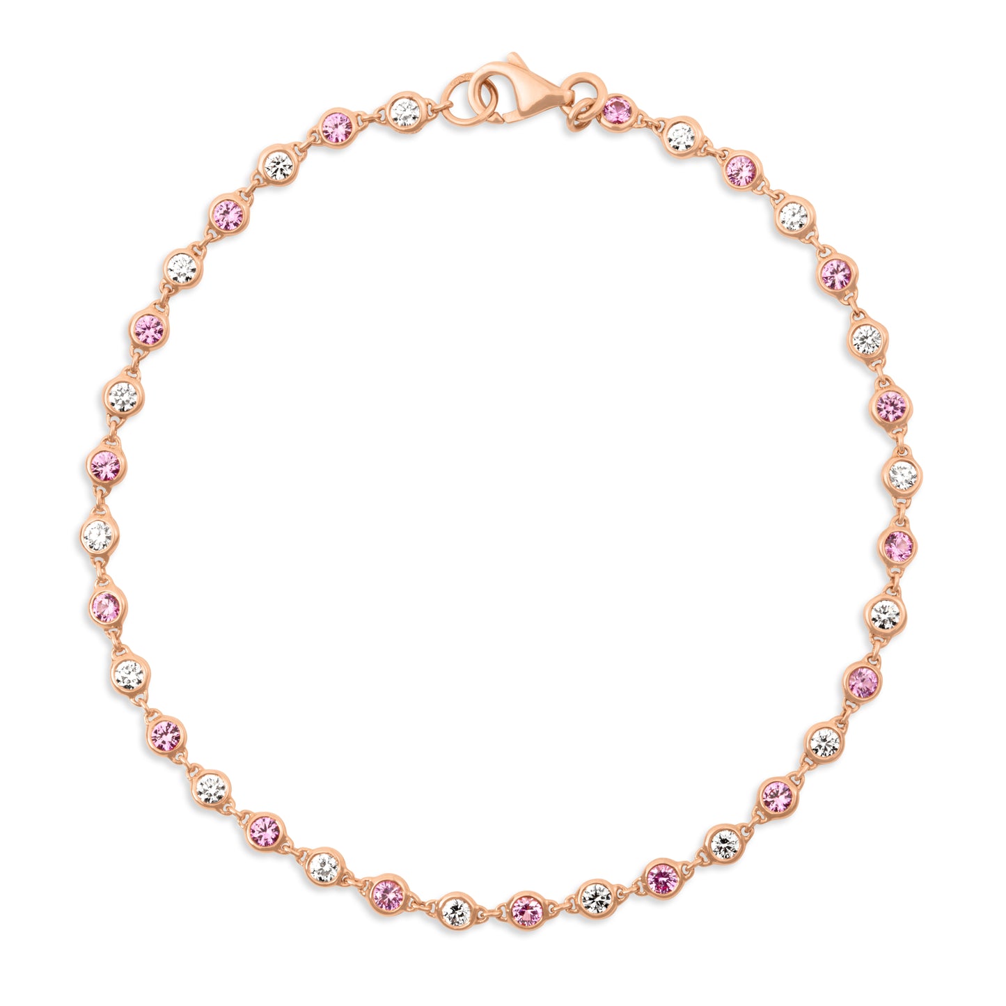 Rose gold bracelet with pink and clear gemstones on a white background