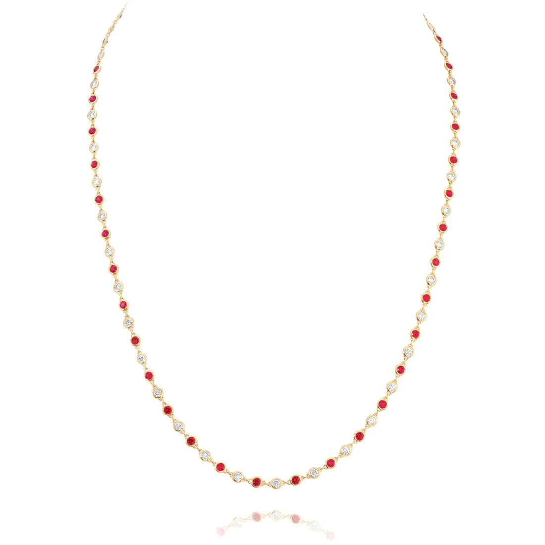 yellow gold white diamond and ruby chain necklace on a white background