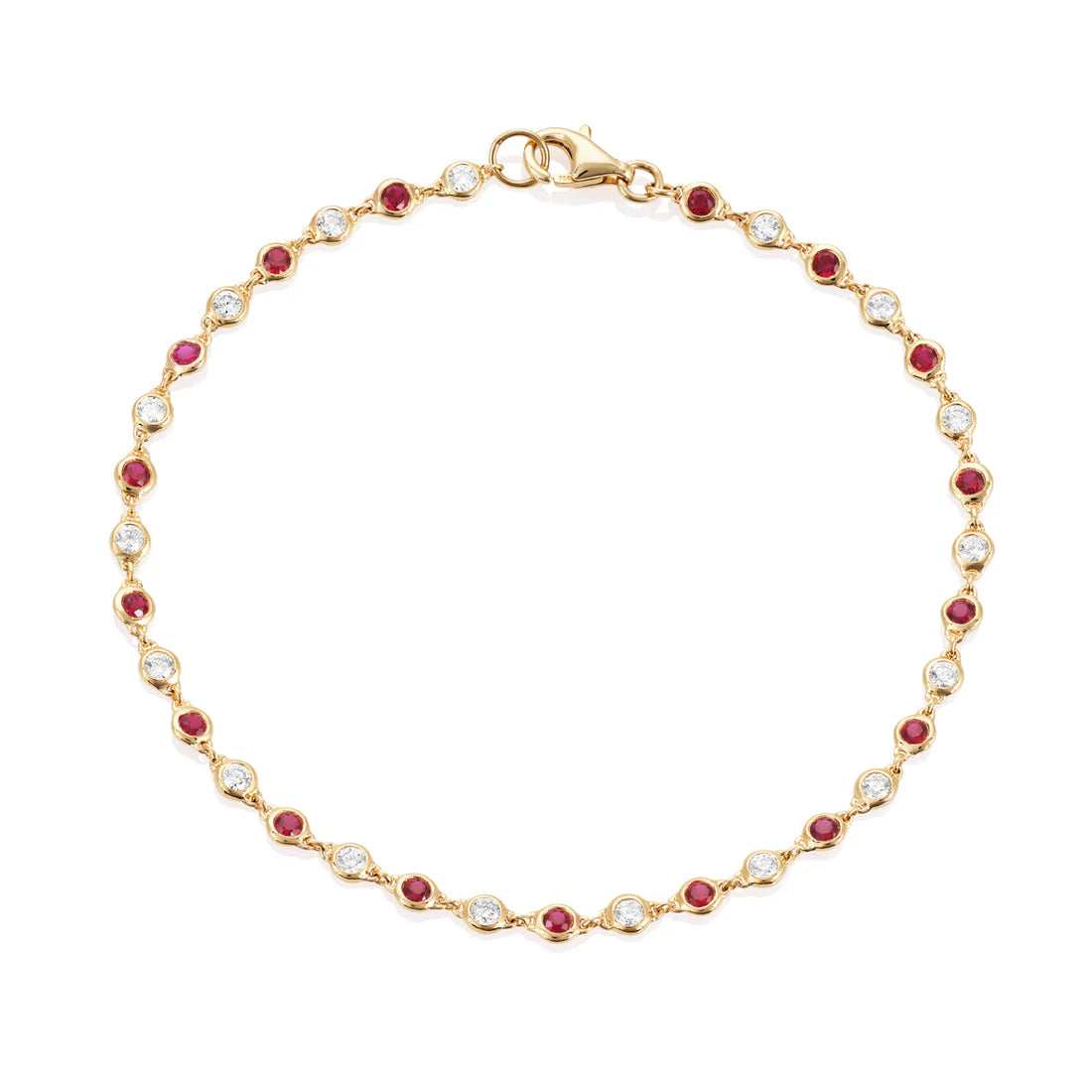 Gold bracelet with ruby and diamond gemstones on a white background
