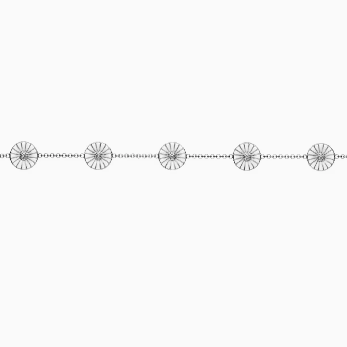 Silver bracelet with sunflower-shaped charms on a white background