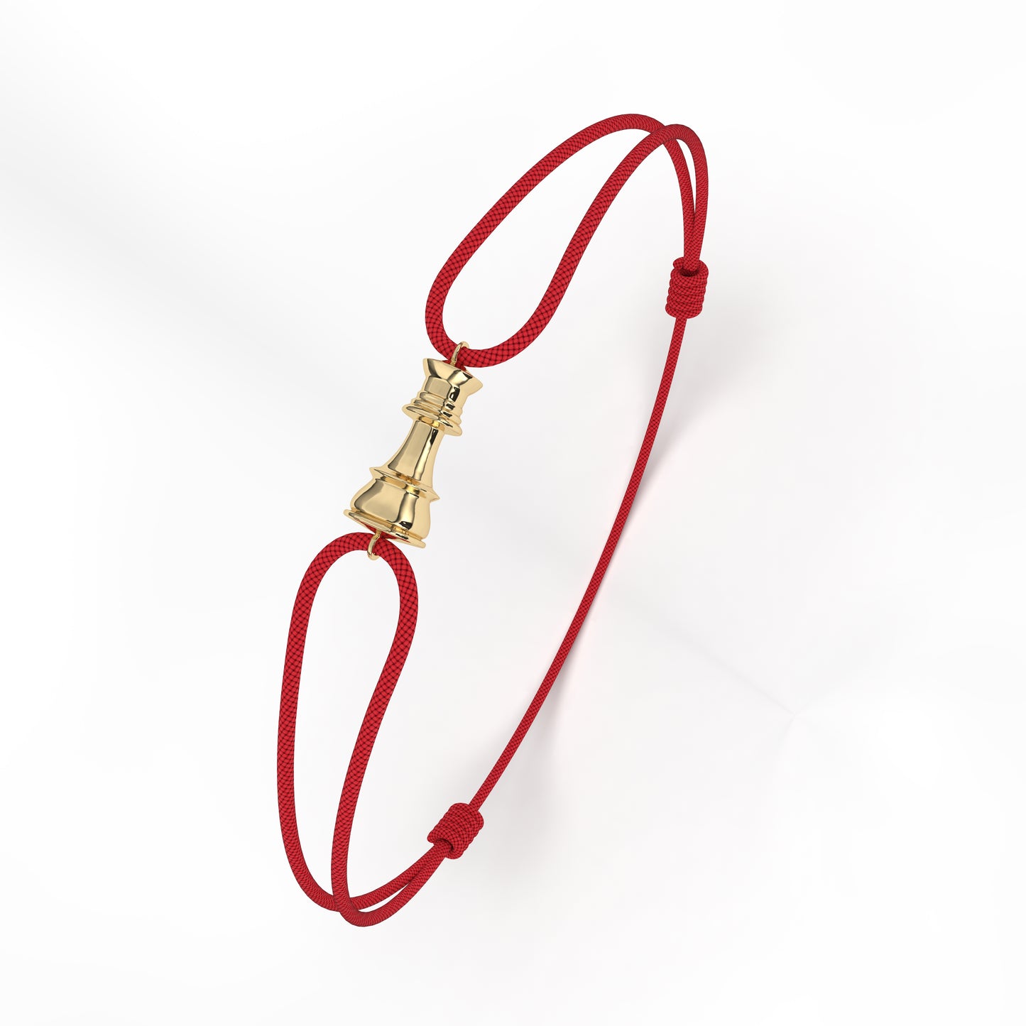 A yellow gold bracelet with a geometric charm on a red cord.