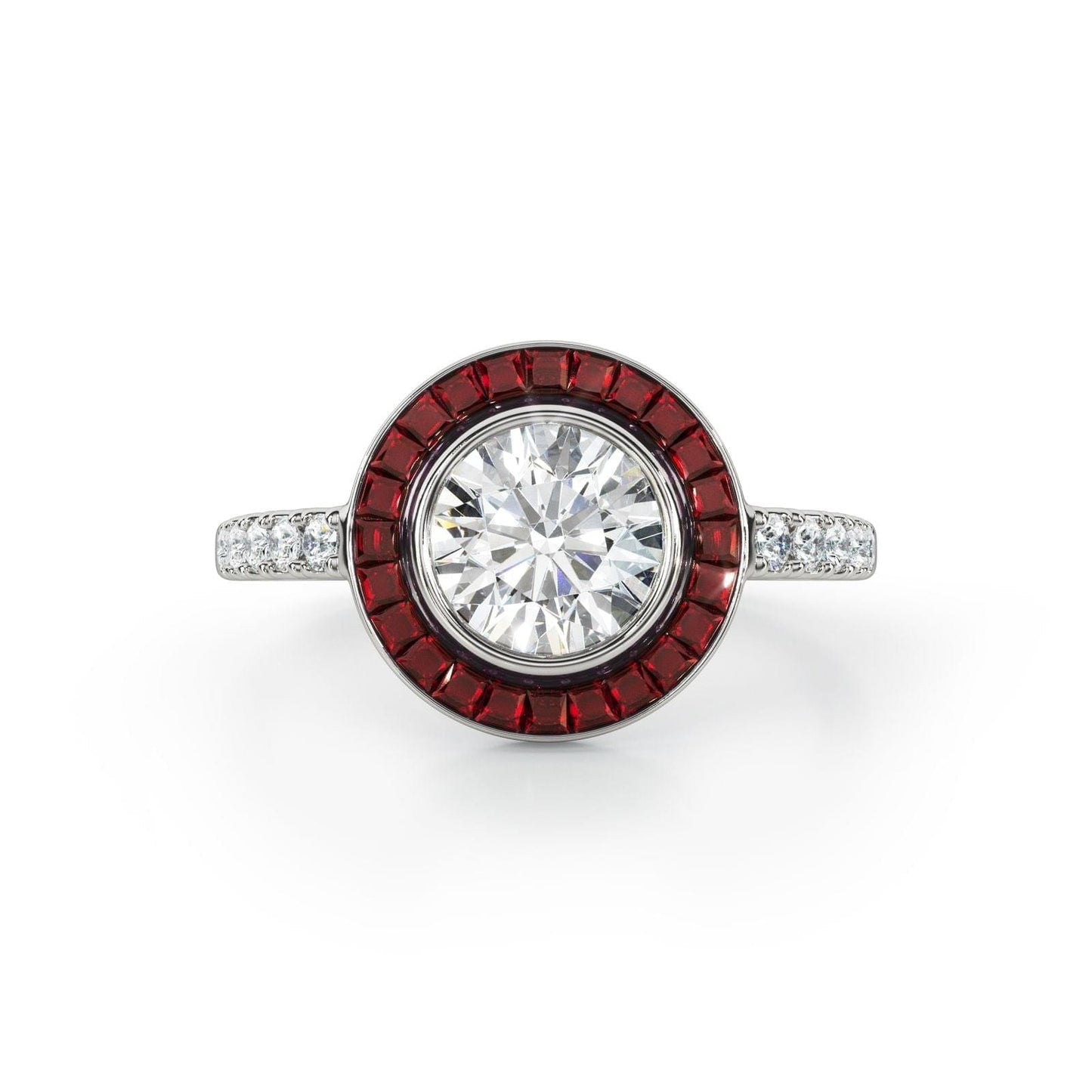 Art Deco-Diamond with Ruby Halo Ring - Ksenia Mirella Jewellery