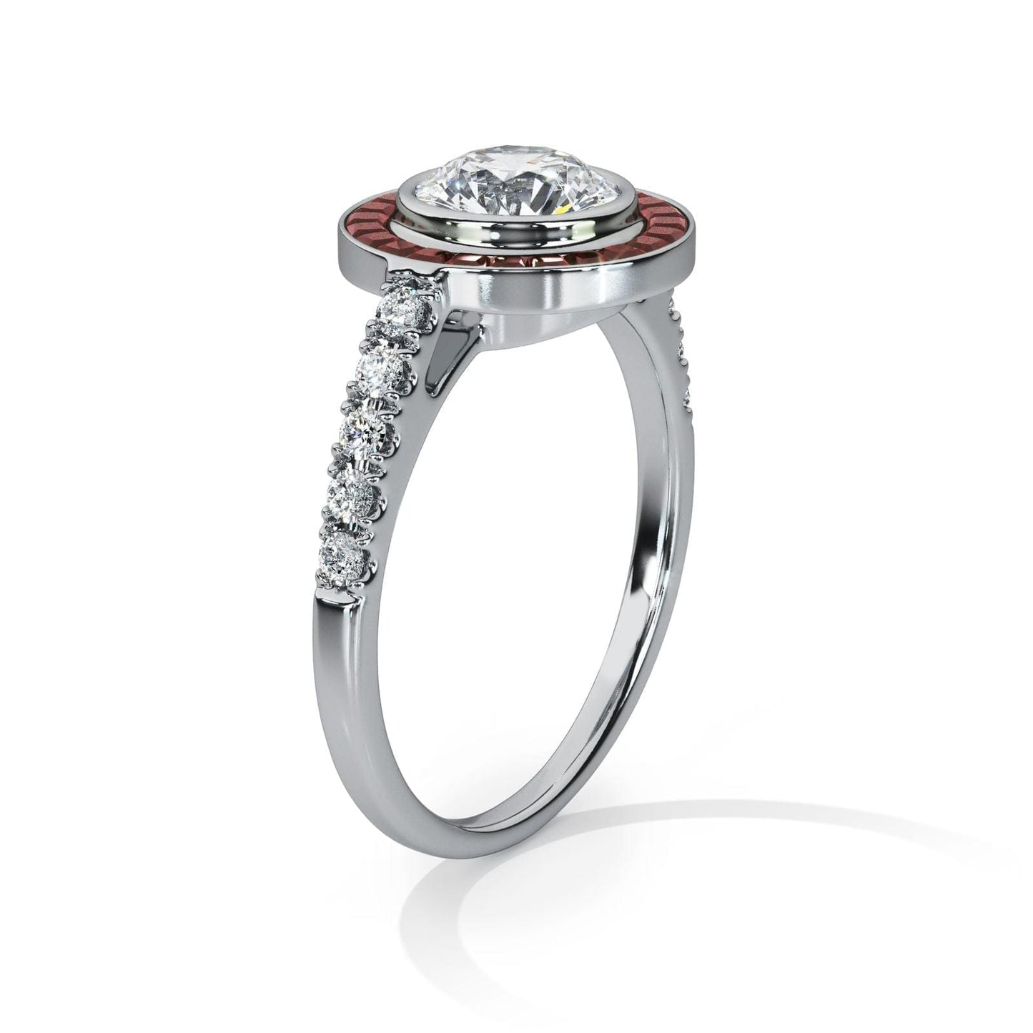 Art Deco-Diamond with Ruby Halo Ring - Ksenia Mirella Jewellery