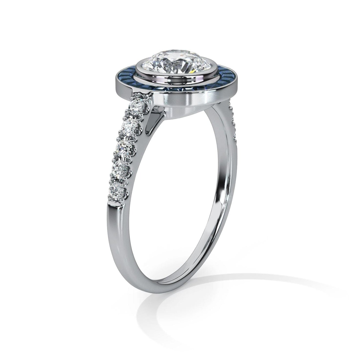 Art Deco-Diamond with Sapphire Halo Ring - Ksenia Mirella Jewellery