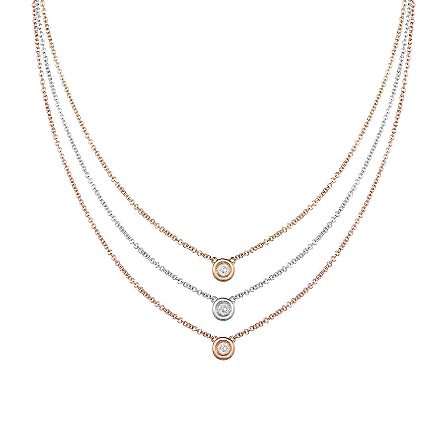 three solo necklaces in rose, yellow and white gold on a white background