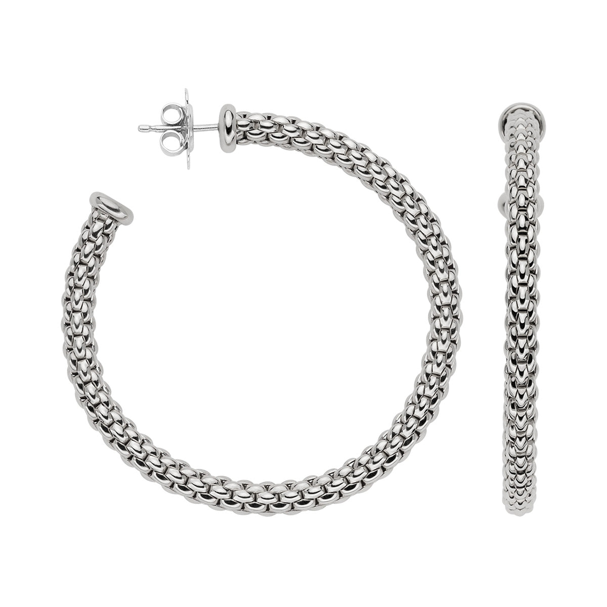 FOPE Essentials 18ct Gold 50mm Hoop Earrings in white gold on a white background 