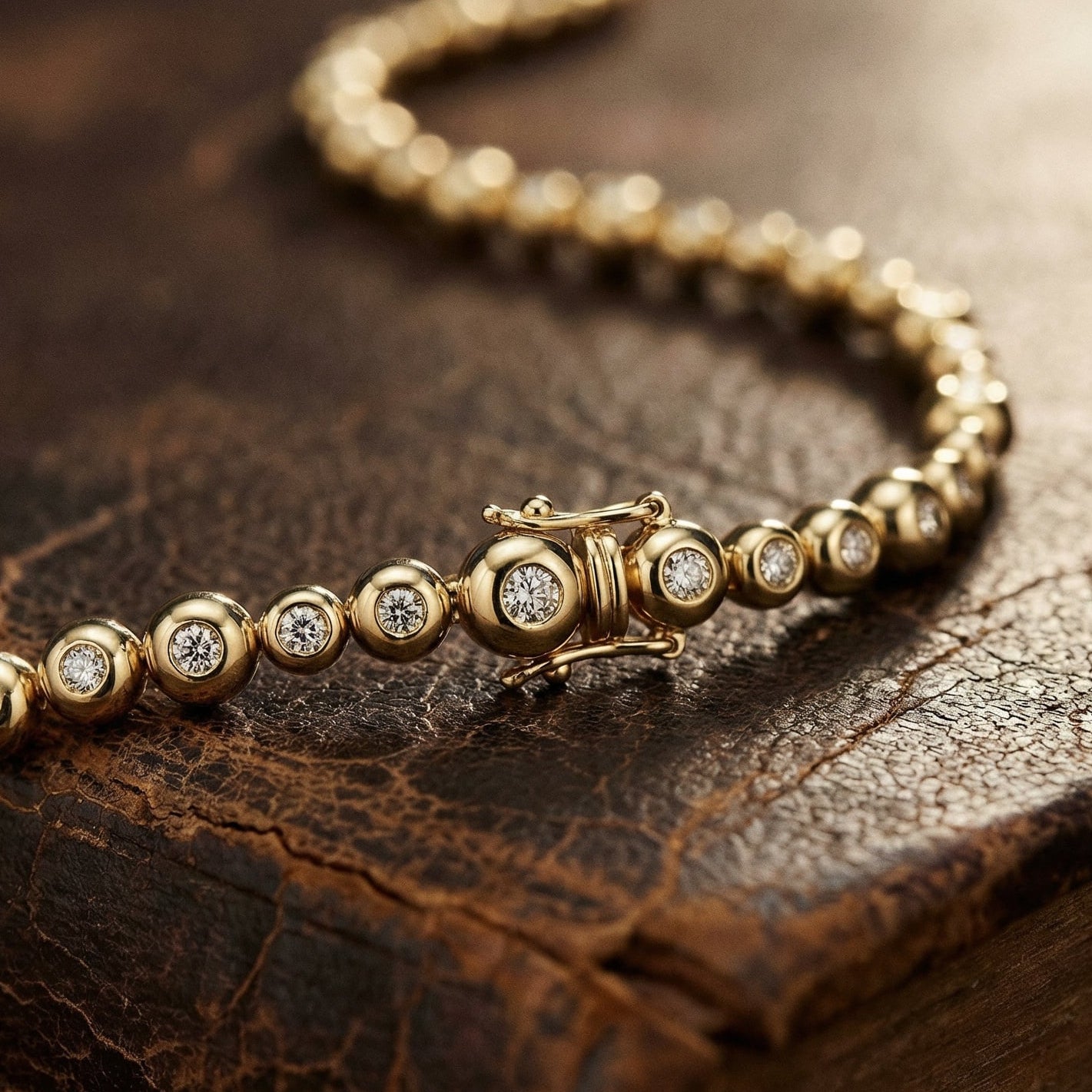 Gold necklace with diamonds on a textured brown surface