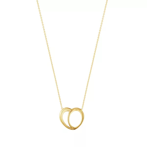 Gold necklace with a heart-shaped pendant on a white background