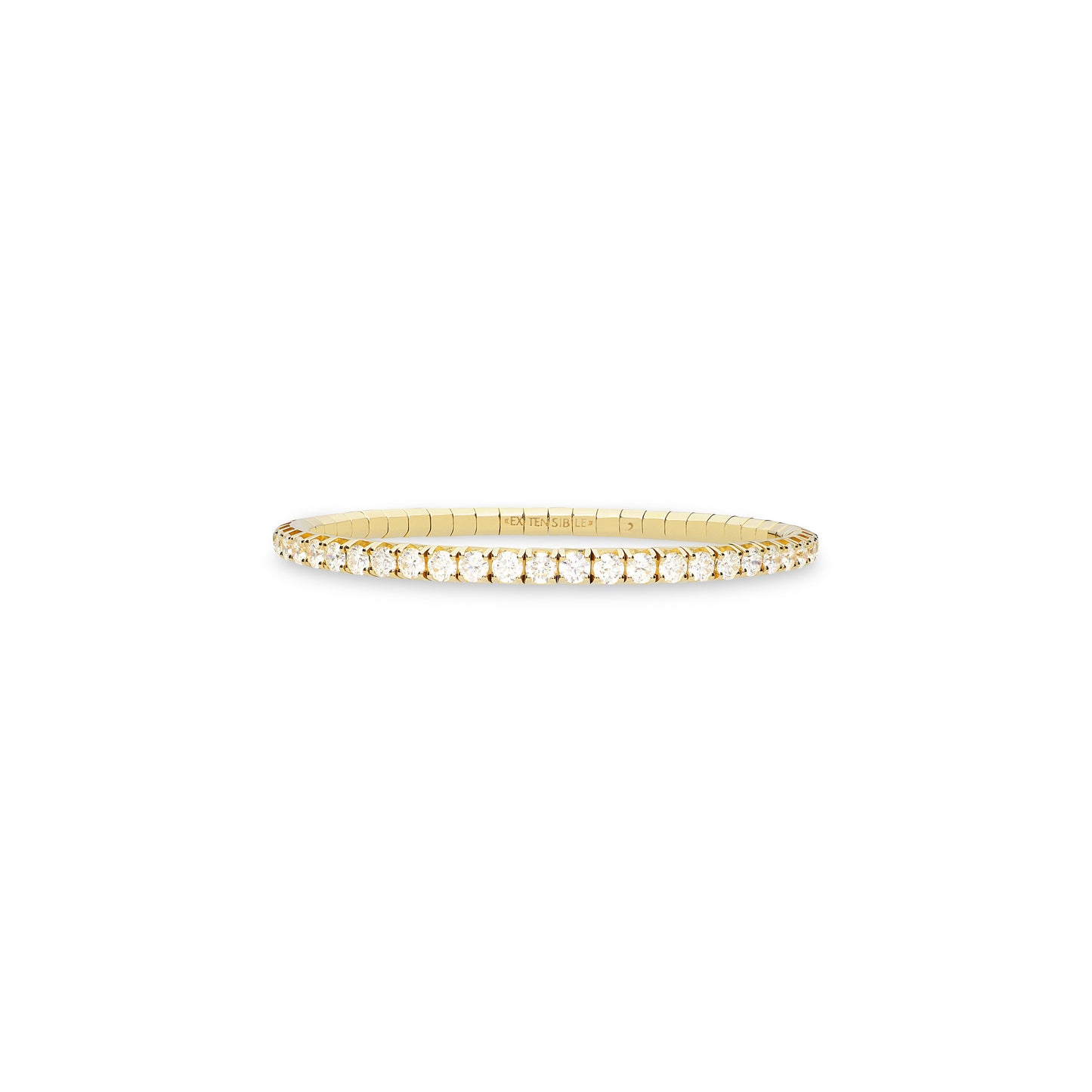 A thin yellow gold tennis bracelet with a single row of small clear gemstones, centered on a plain white background.