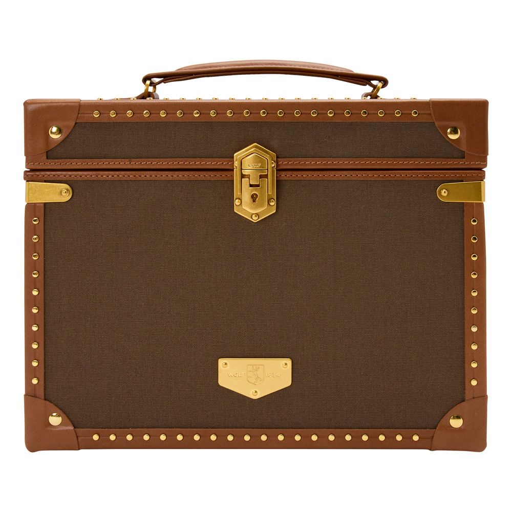 Brown leather suitcase with gold accents on a white background