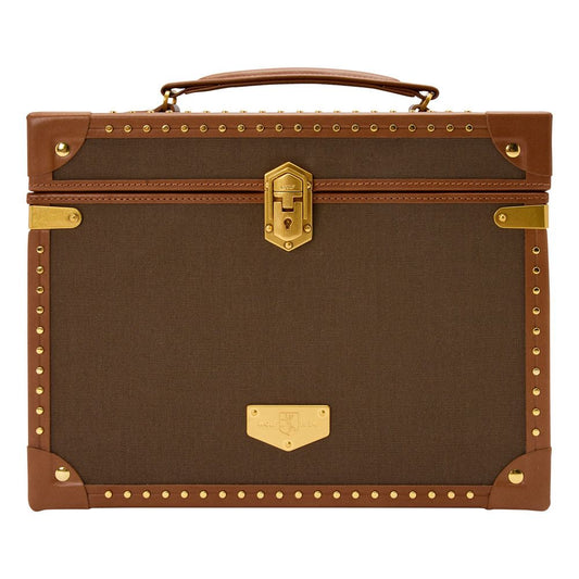 Brown leather suitcase with gold accents on a white background