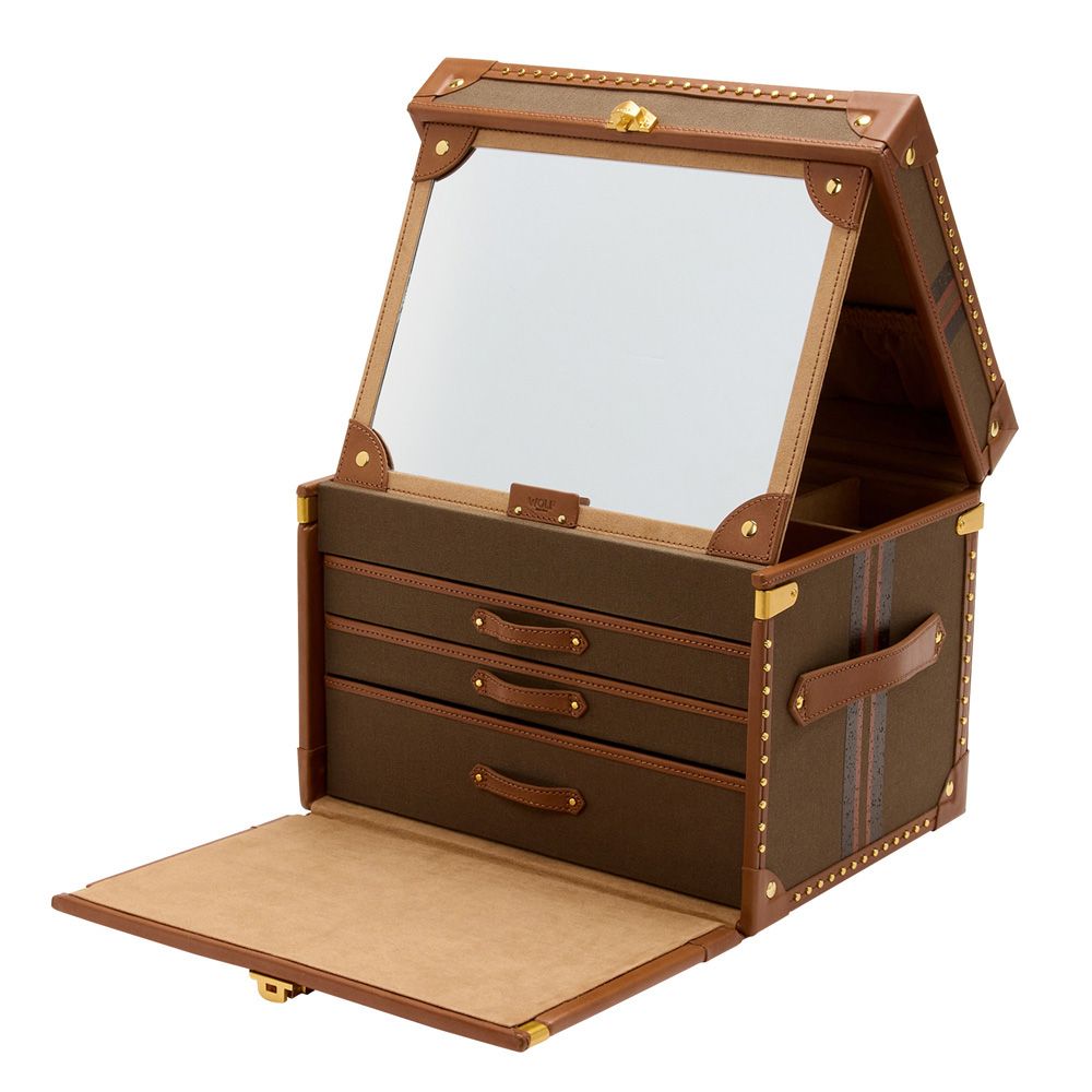 Brown jewelry box with mirror and drawers on a white background