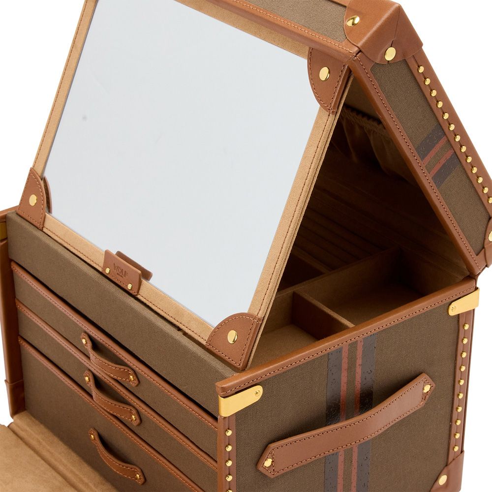 Brown leather briefcase with a mirror on a white background