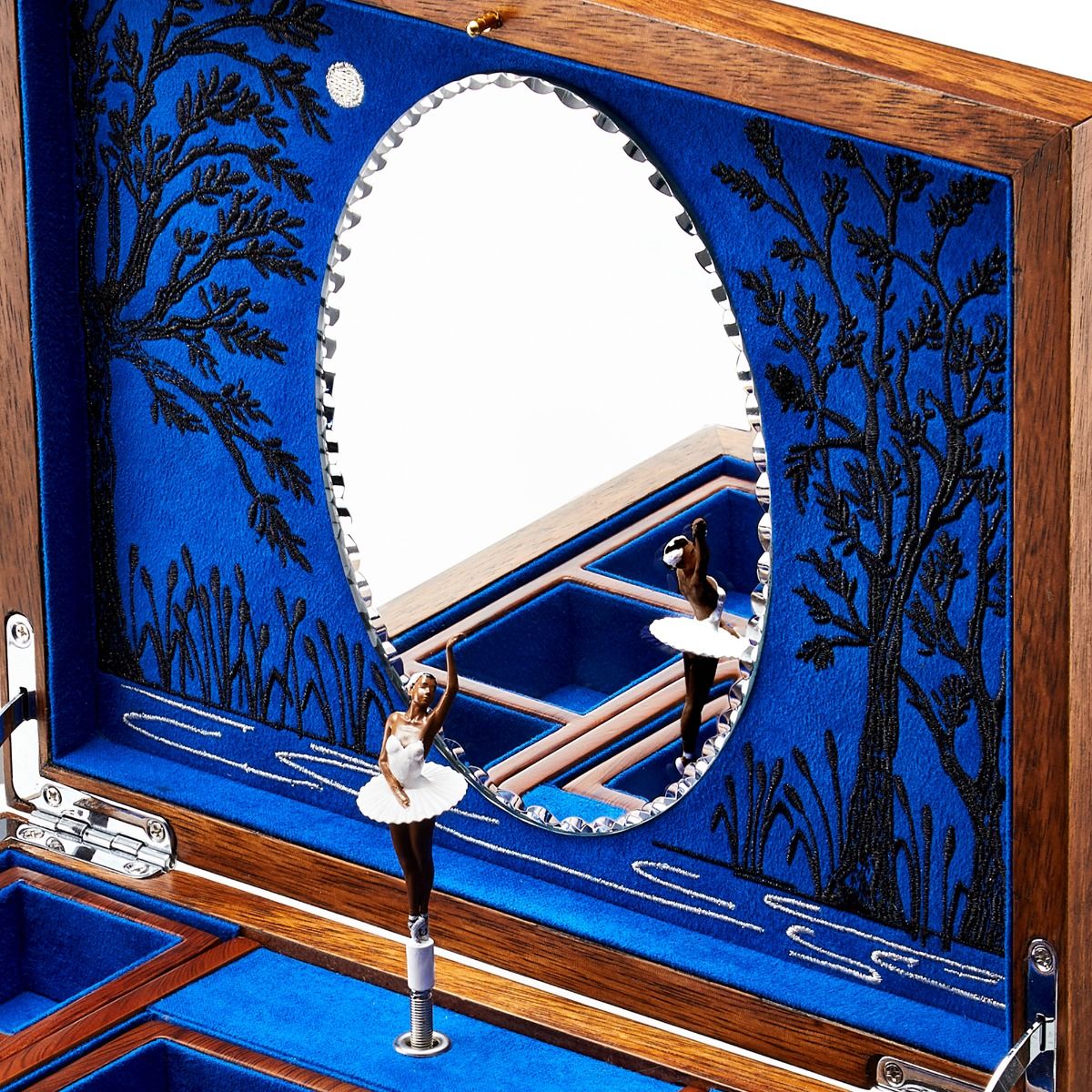 Wooden jewelry box with ballet-themed interior featuring ballerinas and trees.