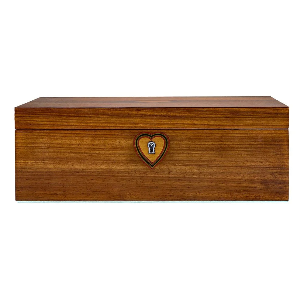 Wooden box with a heart-shaped lock on a white background