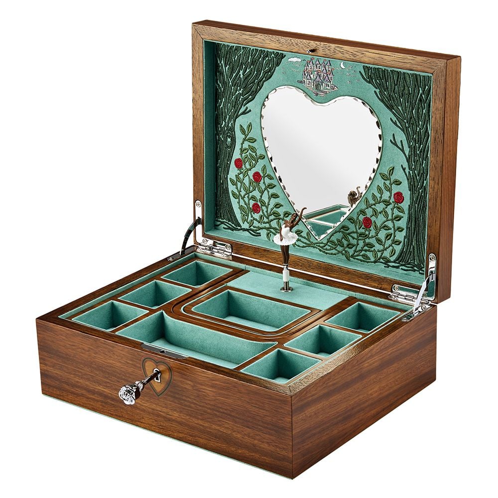 Wooden jewelry box with decorative interior and mirror, featuring a couple and heart design.