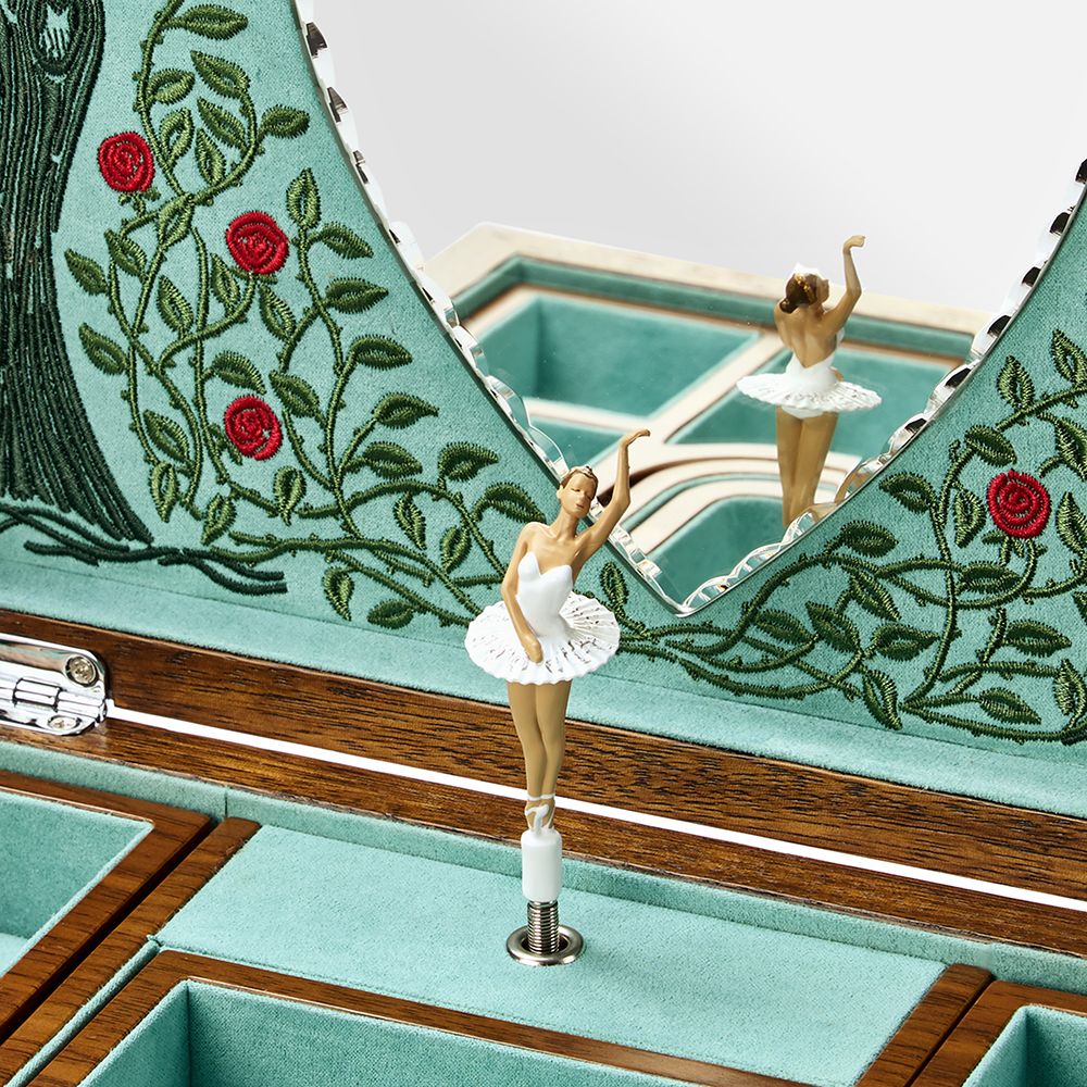 Close-up of a decorative box with embroidered ballerina and floral design.
