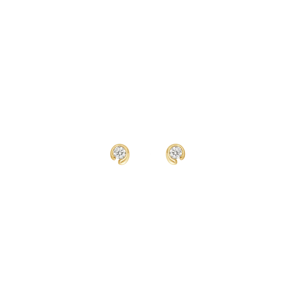 Pair of gold earrings with clear gemstones on a white background
