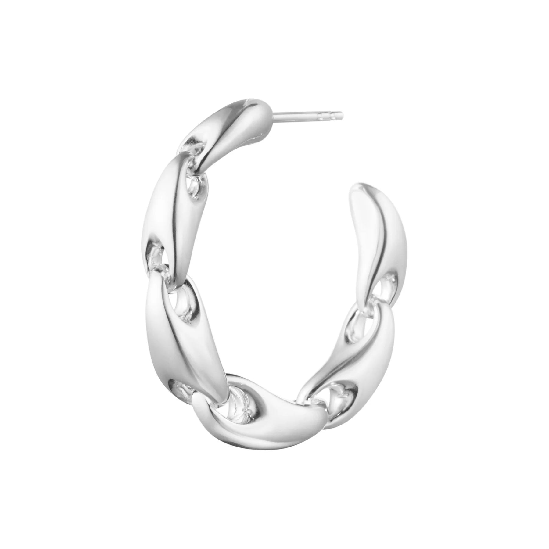  The Georg Jensen Reflect Small Hoops in Sterling Silver. A sculptural twist on a classic design in stock for fast delivery from Peter Ungar.