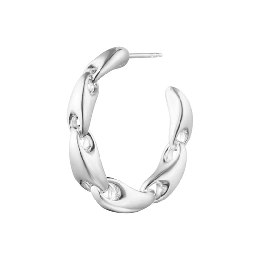  The Georg Jensen Reflect Small Hoops in Sterling Silver. A sculptural twist on a classic design in stock for fast delivery from Peter Ungar.