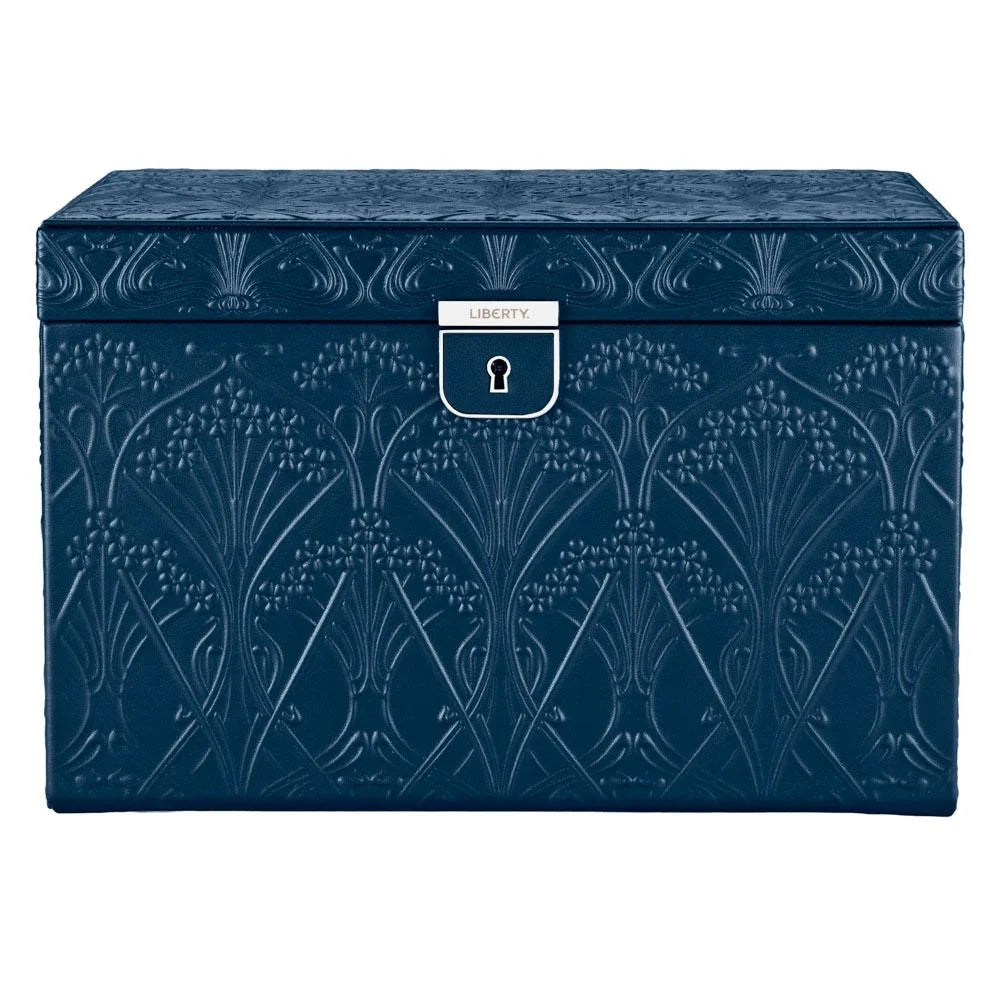 Blue storage box with floral pattern and 'Liberty' branding on a white background