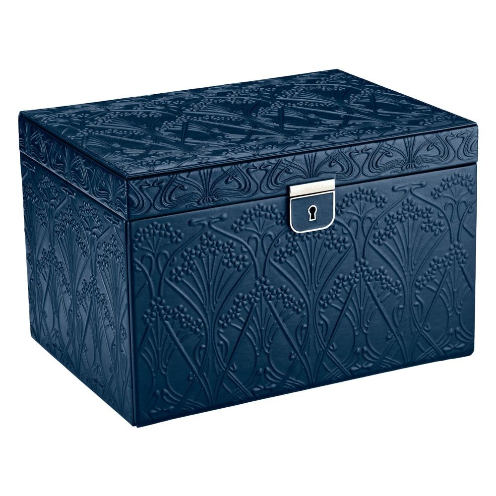 Blue jewelry box with floral pattern and silver lock on a white background