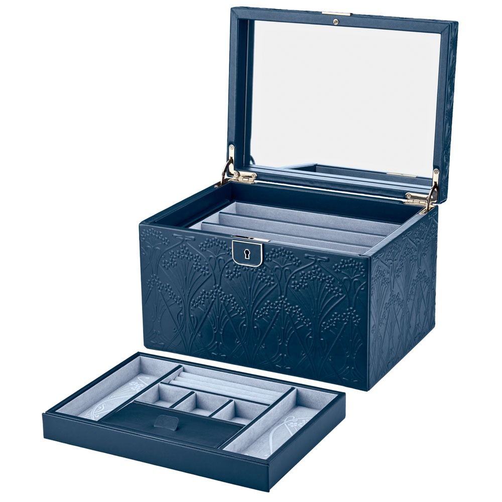 Blue jewelry box with glass lid on a white background