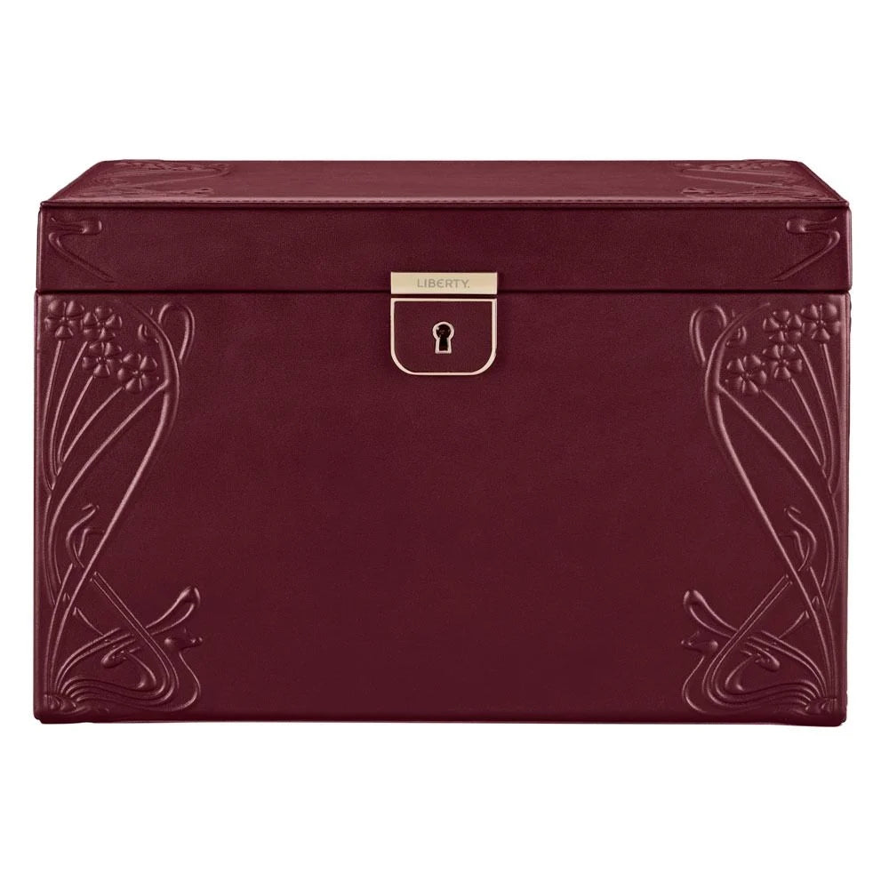 Maroon jewelry box with floral designs and a visible brand logo on a white background
