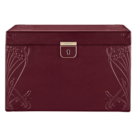 Maroon jewelry box with floral designs and a visible brand logo on a white background