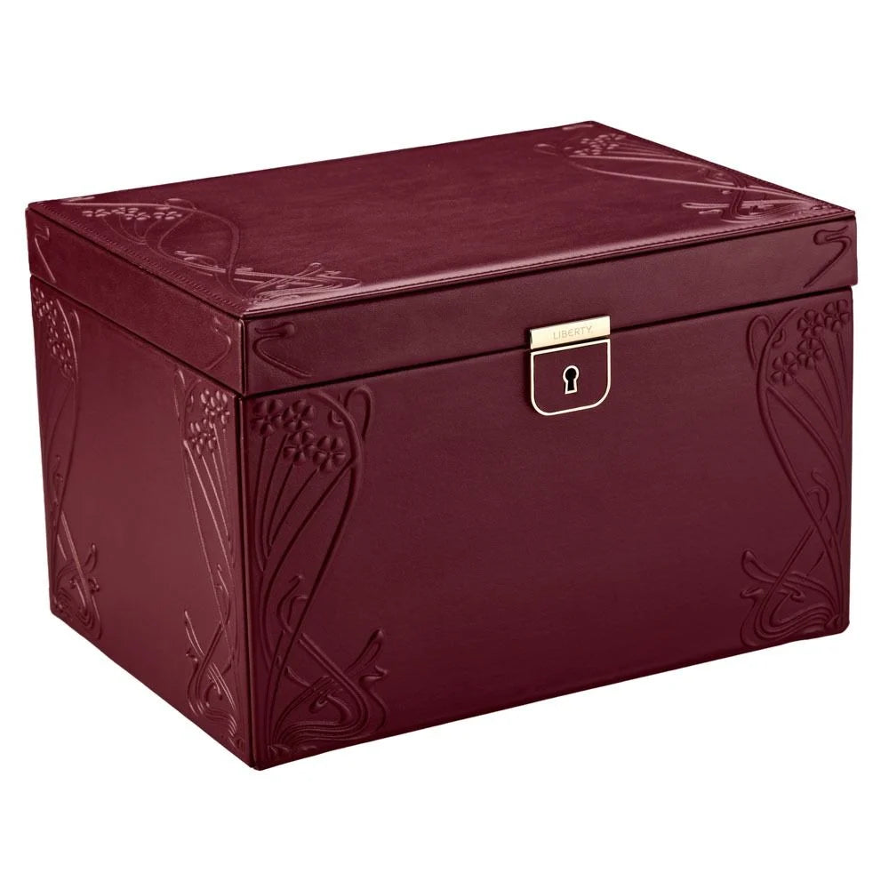 Maroon jewelry box with floral embossing on a white background