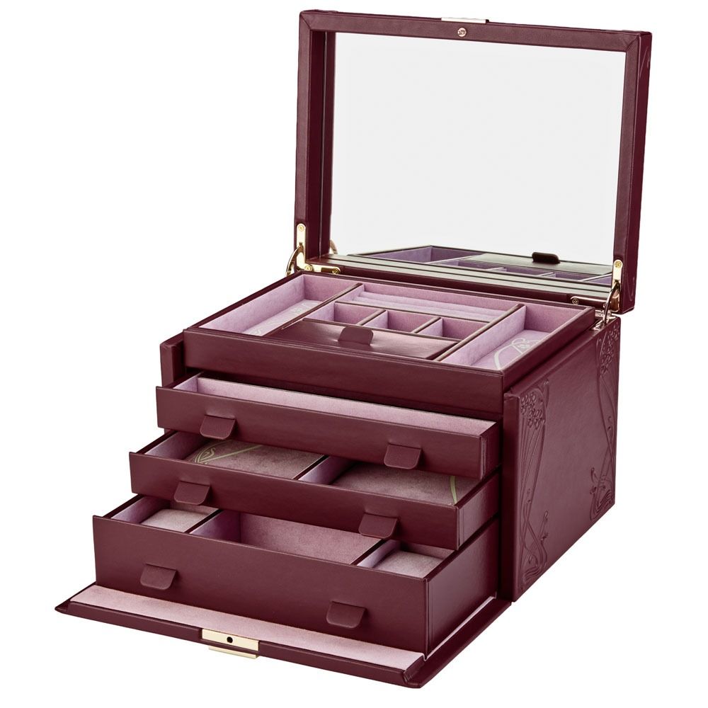 Jewelry box with multiple compartments and drawers on a white background